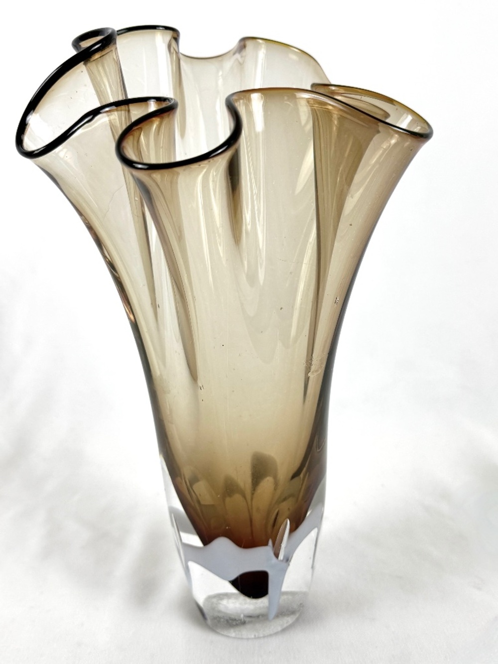 Vintage Mid Century Modern Smokey Topaz Handkerchief Art Glass Vase Hand Blown